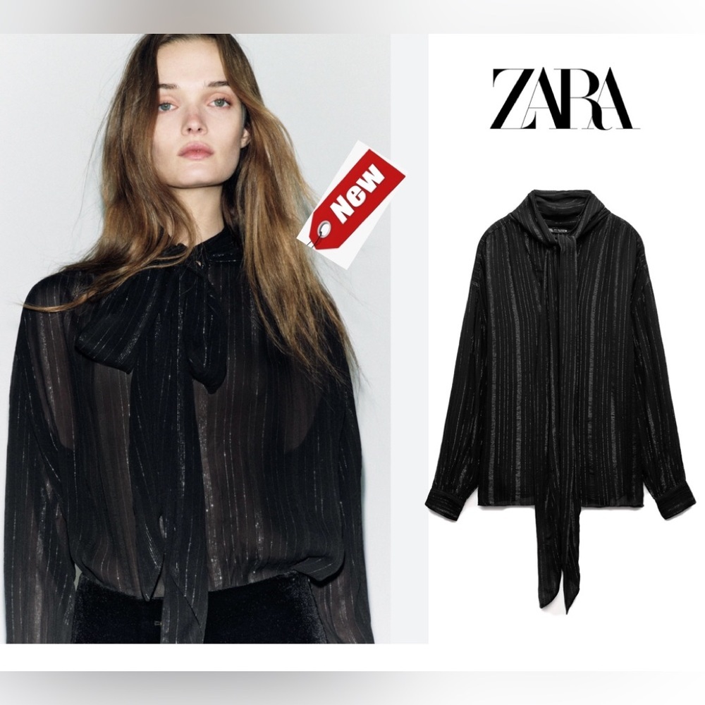 Zara ZW Collection black silver metallic thread chiffon blouse neck tie Sz M NWT